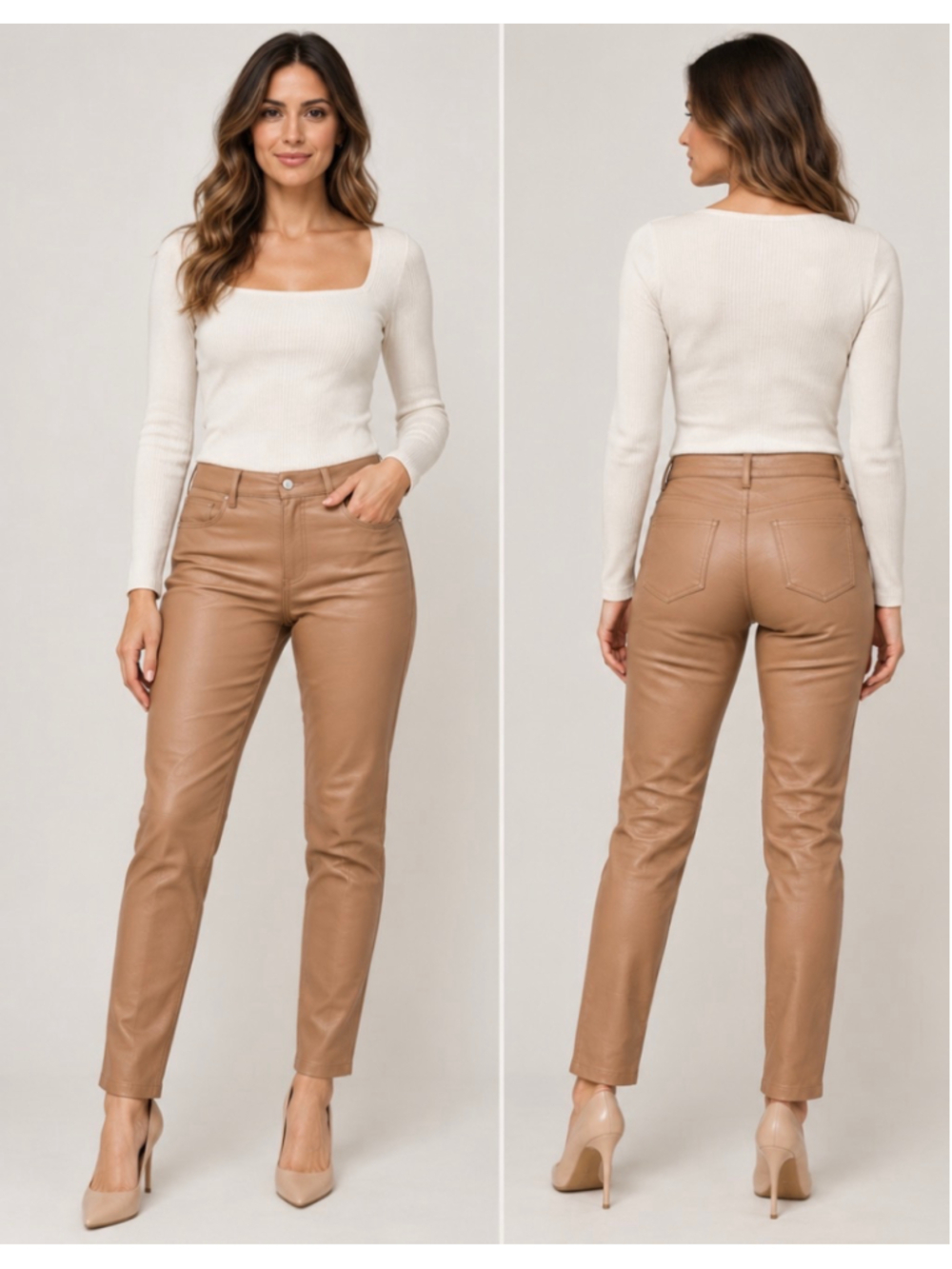 Karen Millen Lamb Nappa Leather Pants Womens US 8 Tan Brown Skinny Slim Trousers